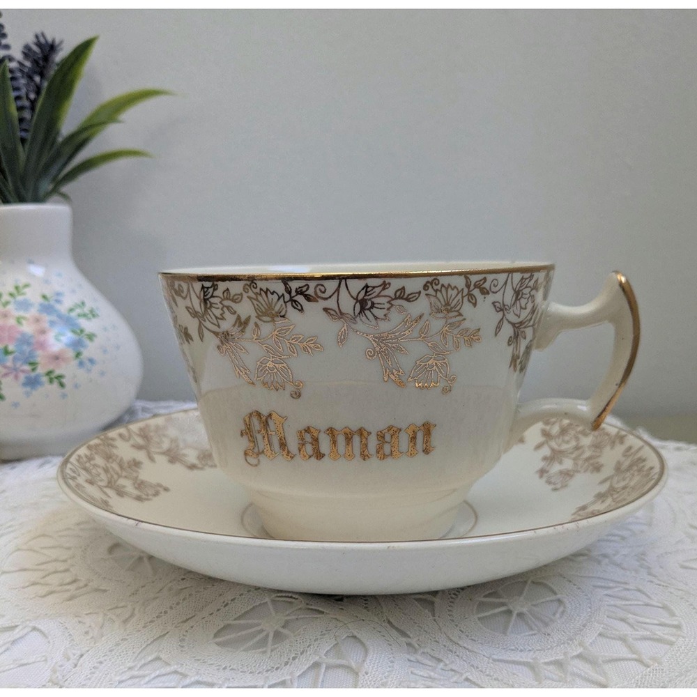 Vintage "Maman" Teacup and Saucer, French Mom Tea Cup, Floral Gold Teacup